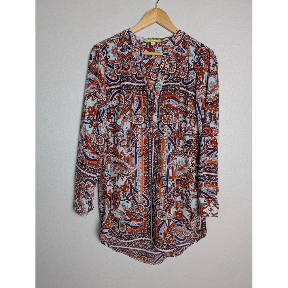 Gianni Bini Blouse Womens Small Multicolor Paisley V Neck Tunic Top Long Sleeve